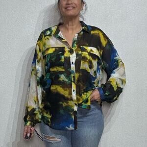 DKNY Black Sheer Cloud Print Button Down Blouse Sz L